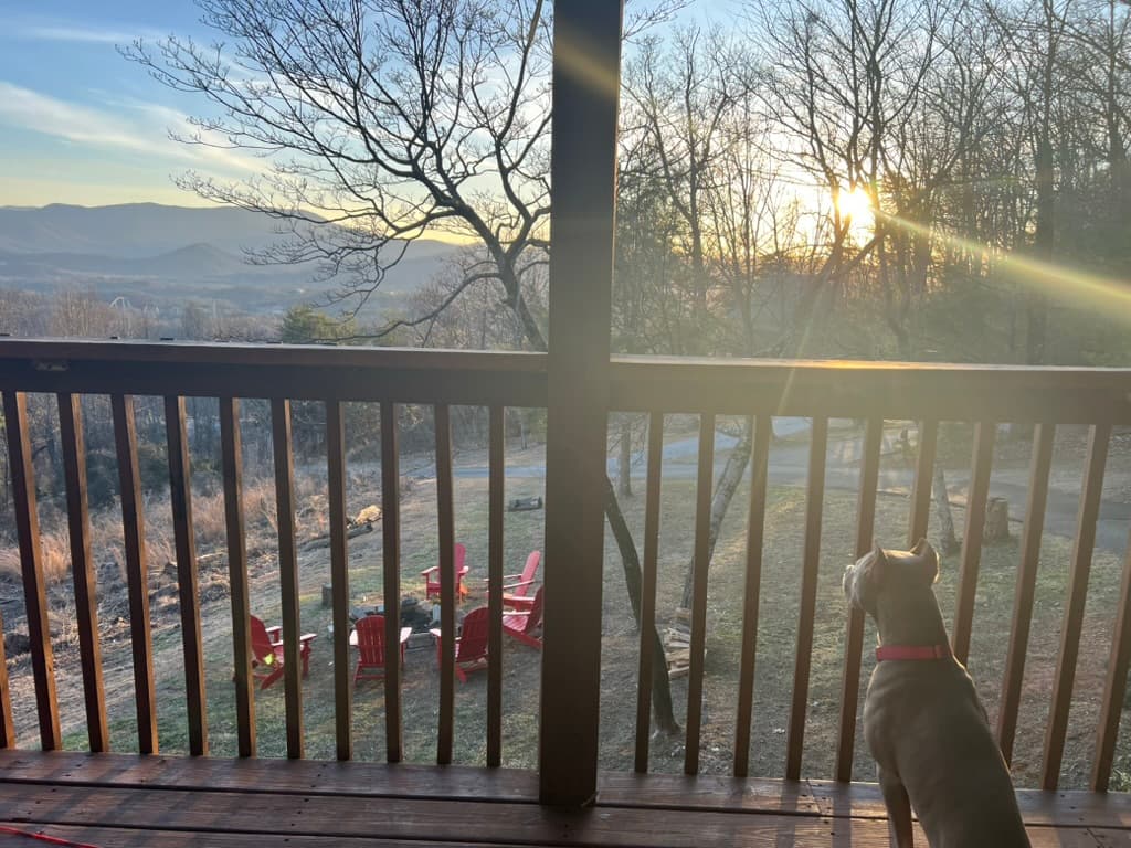 Wraparound deck at sunset overlooking the Smoky Mountains