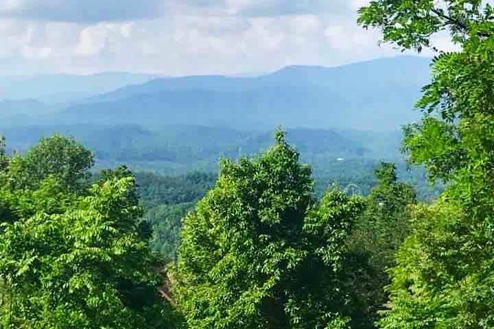 Smoky Mountain ridges visible through lush green forest canopy from the cabin driveway