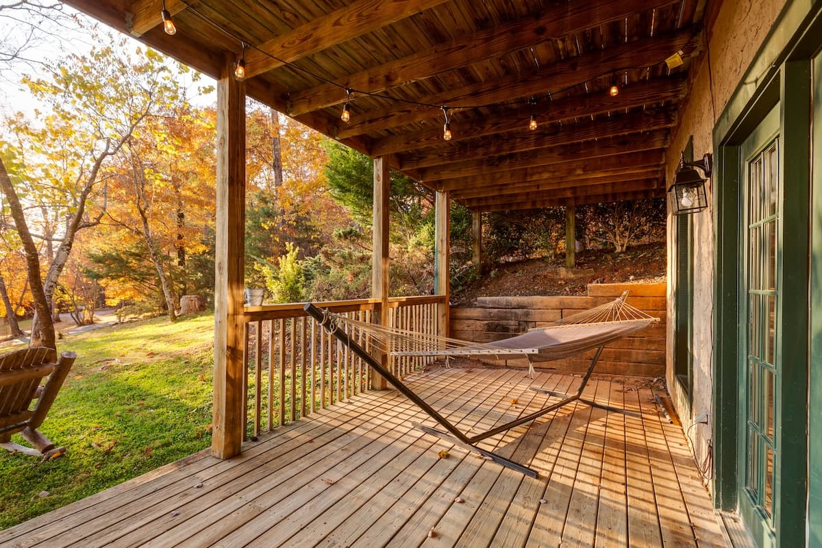 Cabin hallway and interior details with warm pine paneling
