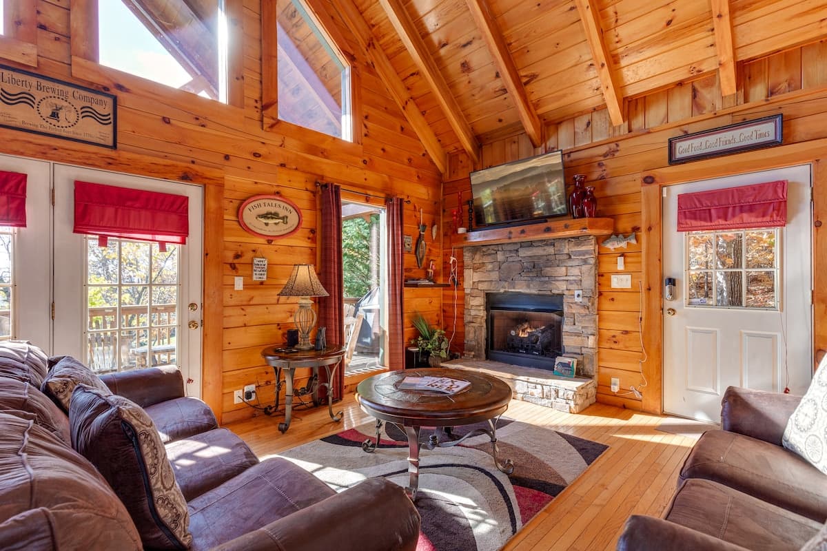 Great room with stone fireplace