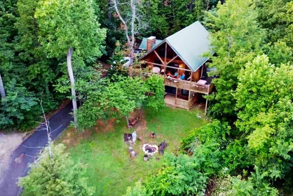 Aerial view of Thistle Britches cabin surrounded by lush forest with fire pit area and gravel driveway