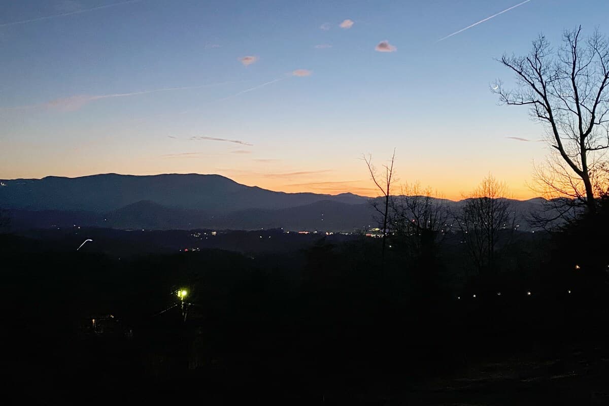 Sunset over Smoky Mountains from Thistle Britches balcony